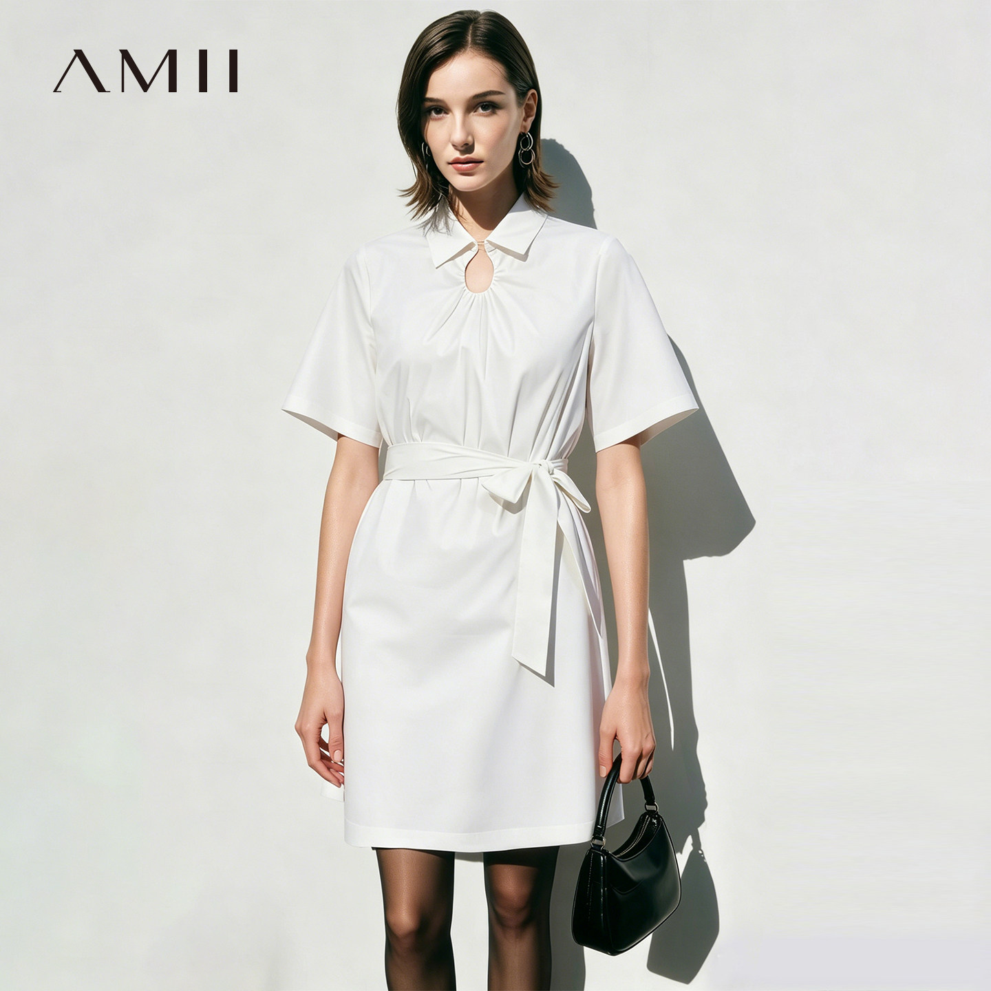 Amii2026夏新款通勤风可拆卸腰带翻领装饰扣针连衣裙女短袖裙子