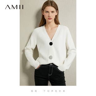 开衫 宽松白色针织衫 新款 Amii撞色扣子V领上衣毛衣外套女2024春季