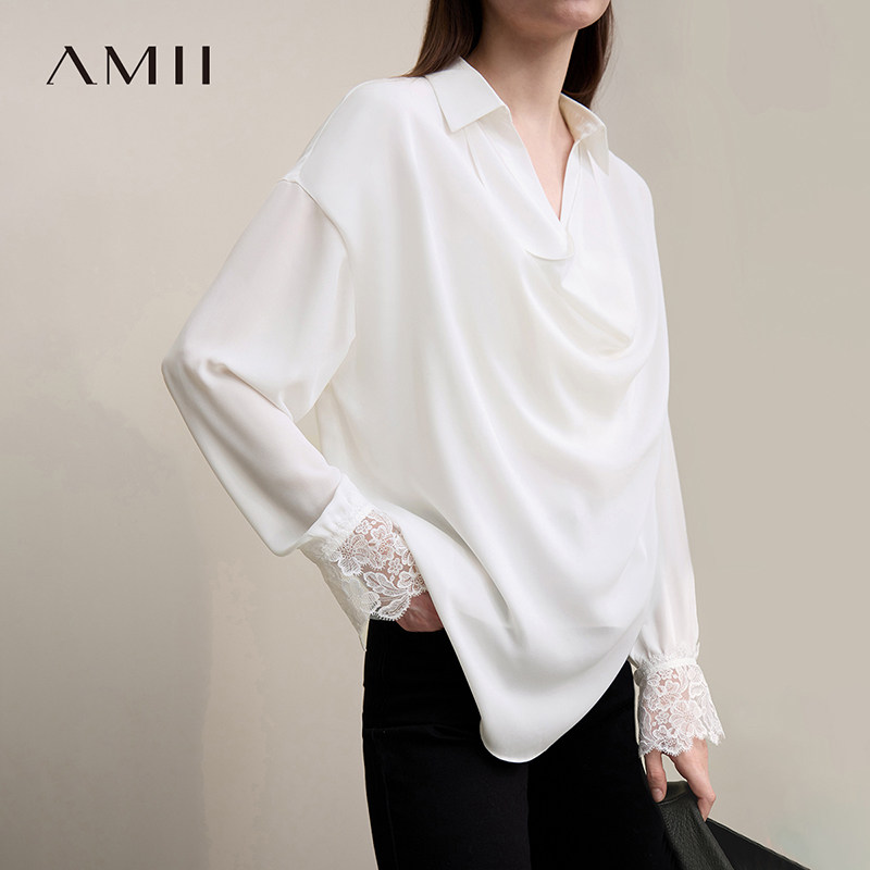 Amii2026春新款简约通勤风翻领垂褶飘片拼蕾丝花边雪纺衫女上衣