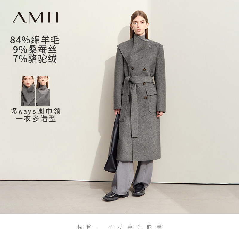 Amii2025冬新款通勤不对称围巾领双排扣双面呢大衣女配腰带外套
