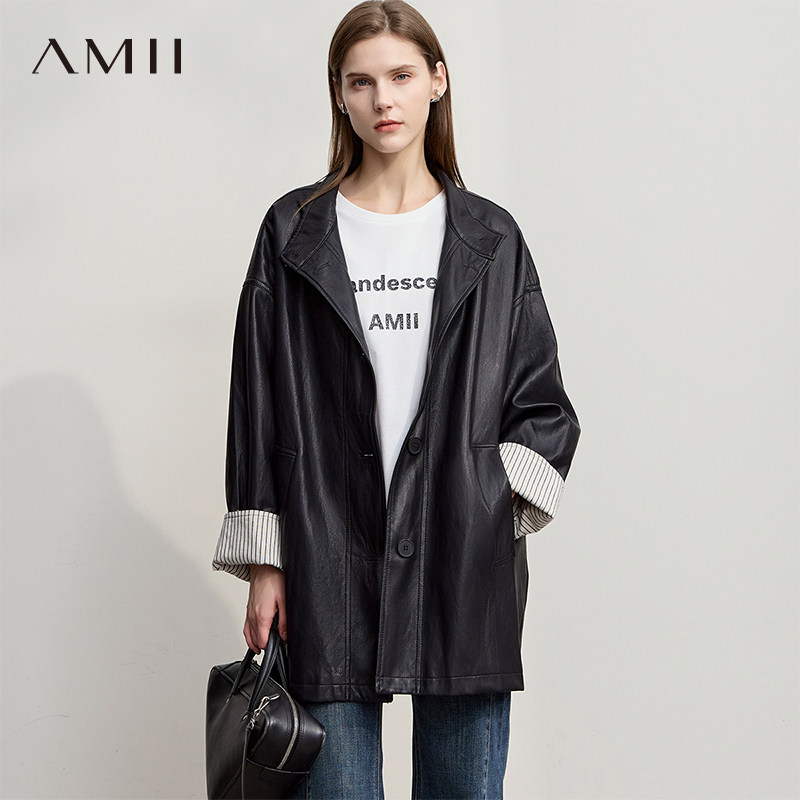 Amii【撞色PU皮夹克】2026春款简约复古风袖口拼接撞色PU皮衣外套