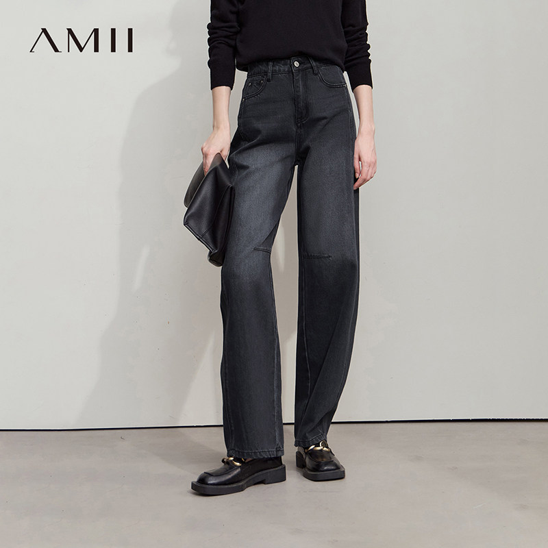 Amii2026秋新款极简复古港风休闲通勤百搭宽松棉阔腿牛仔长裤女