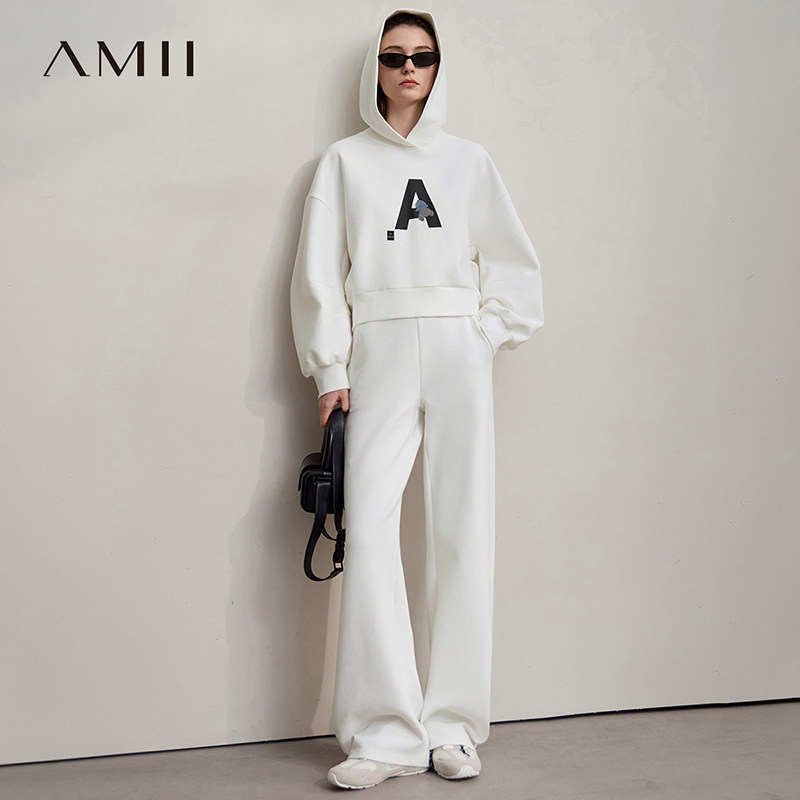 Amii2026秋新款休闲学院风宽松连帽字母卫衣休闲卫裤两件套套装
