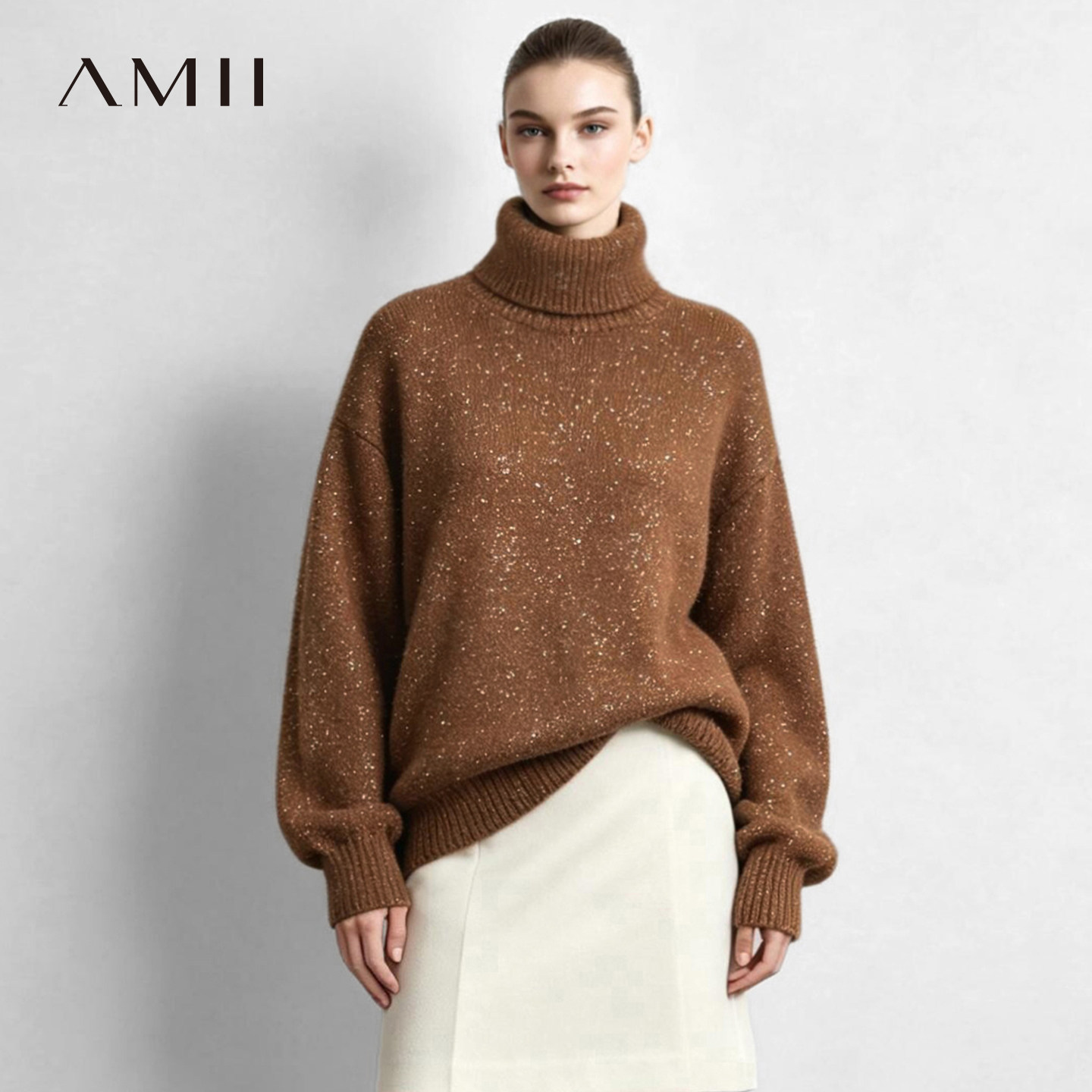 Amii2026冬新款高领落肩袖细闪金银丝珠片纱毛衣女温暖宽松上衣