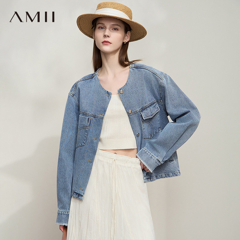 AMII【复古港风】2026春新款复古丹宁港风圆领纯棉长袖牛仔外套女