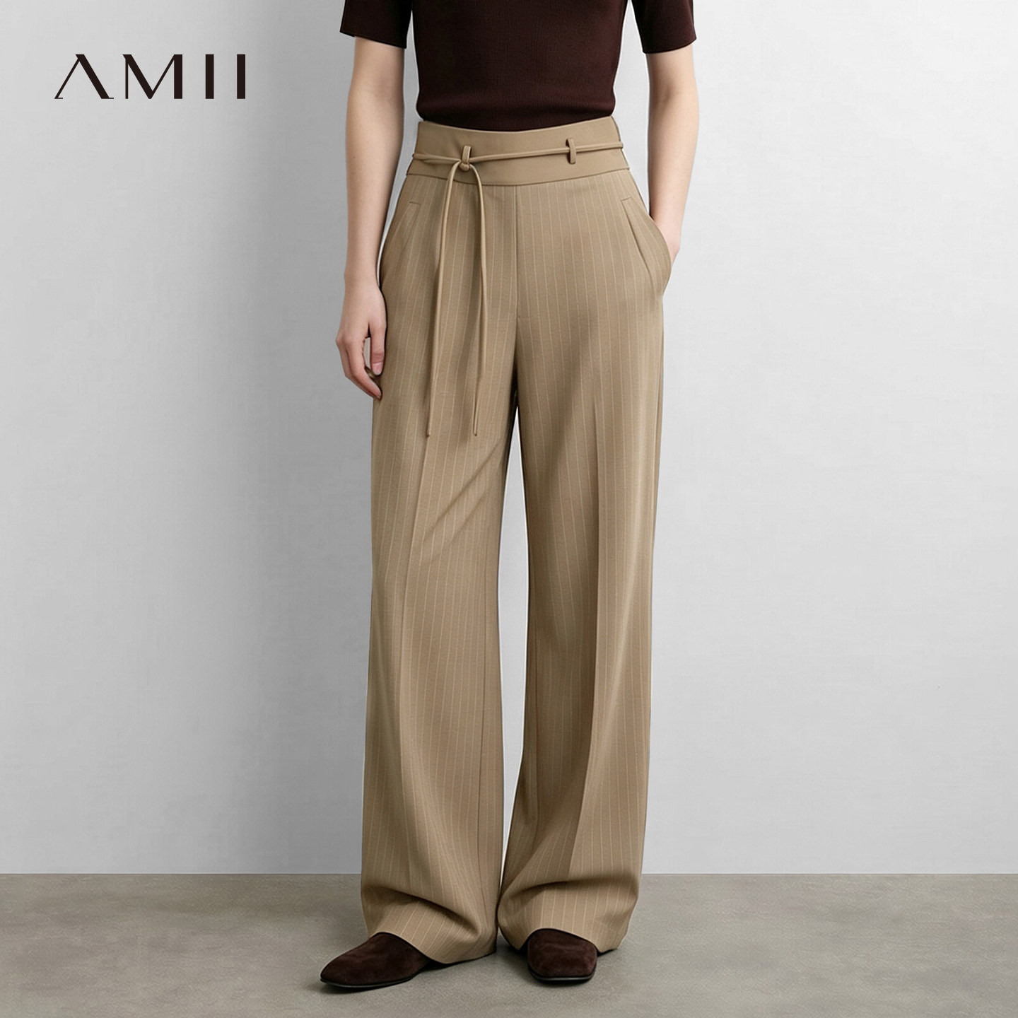Amii2026秋新款可拆卸细腰带条纹撞料阔腿裤休闲长裤女宽松裤子
