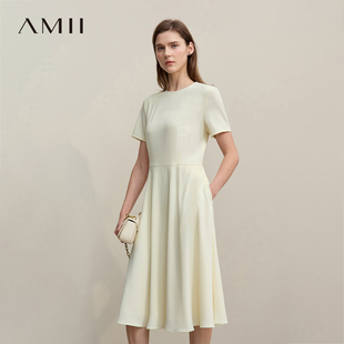 Amii2026春新款优雅简约通勤风圆领收腰连衣裙女口袋垂感短袖裙子