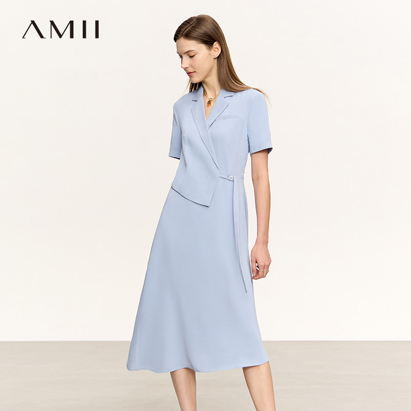 Amii2026夏新款通勤知性西装式假两件短袖绑带连衣裙女小黑裙子