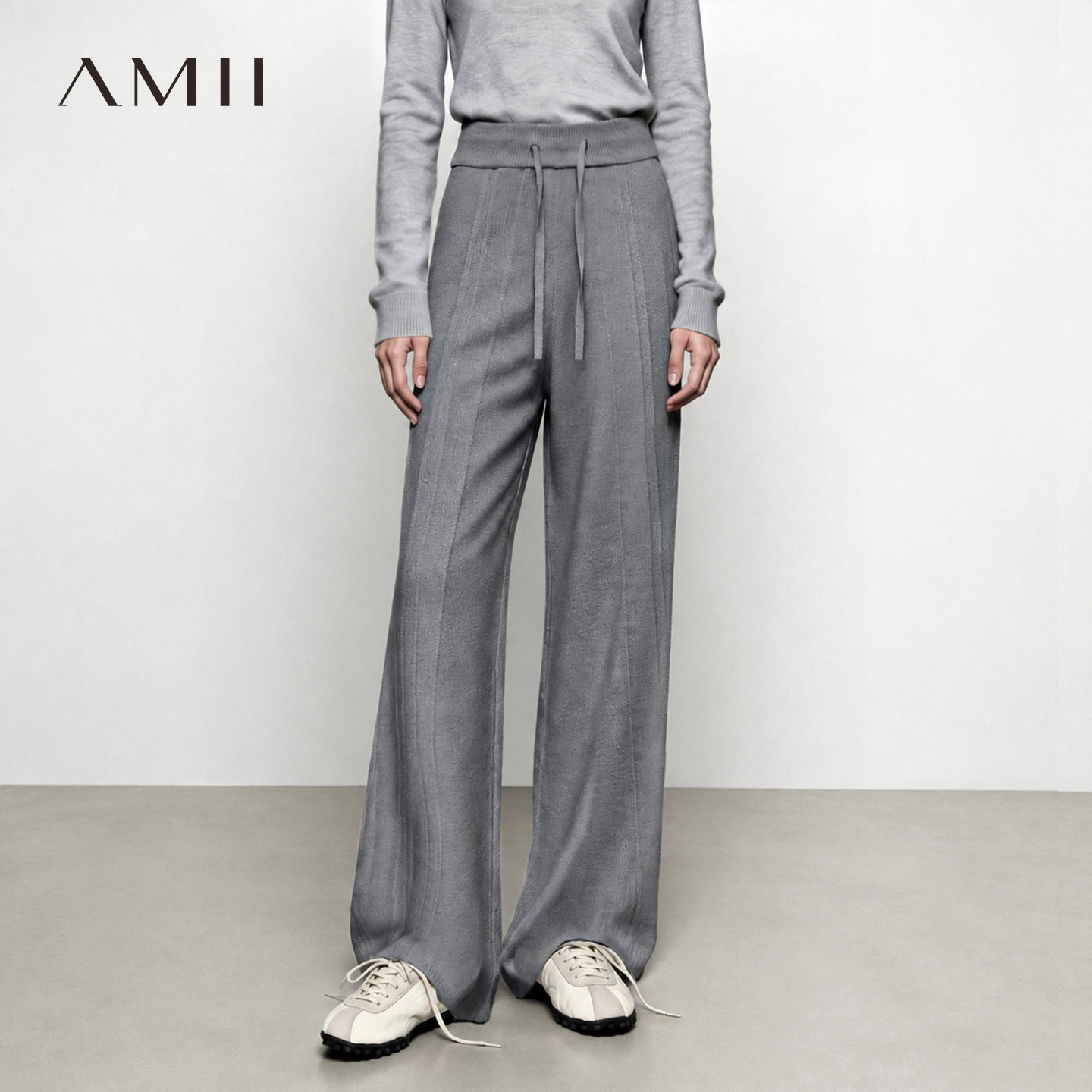 Amii2026冬新款抽绳绑带橡筋四平打花工艺针织休闲长裤女阔腿裤子