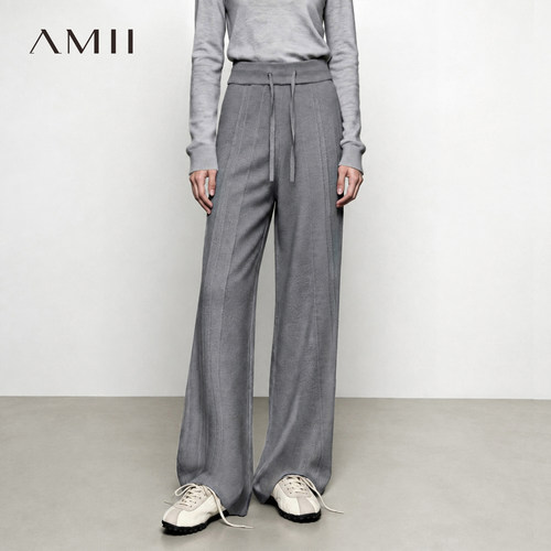 Amii2026冬新款抽绳绑带橡筋四平打花工艺针织休闲长裤女阔腿裤子