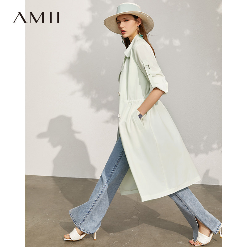 Amii英伦风时尚气质风衣女2025夏季新款宽松双排扣奶油蓝外套