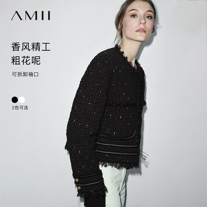 Amii2026春新款轻奢香风粗花呢流苏拼接百褶袖口箱型外套女短上衣,女装/女士精品,短外套,淘宝优惠券,粉丝福利购,淘宝优惠卷