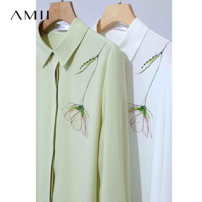 Amii2026春新款翻领暗门襟手工钉珠花朵印花雪纺衫女宽松垂感上衣