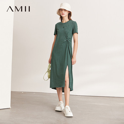Amii夏季新款条纹连衣裙女收休闲