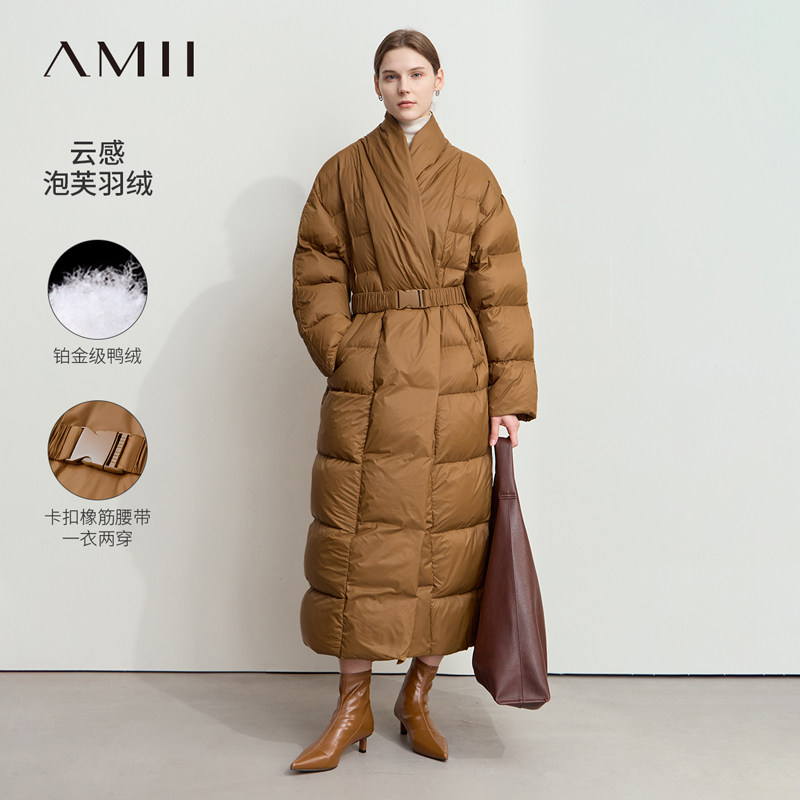 Amii2026冬新款温暖配腰带拉链长款羽绒服女落肩袖加厚上衣外套
