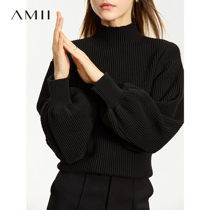 Amii羊毛毛衣女2025冬季新款极简宽松上衣半高领灯笼袖套头打底衫