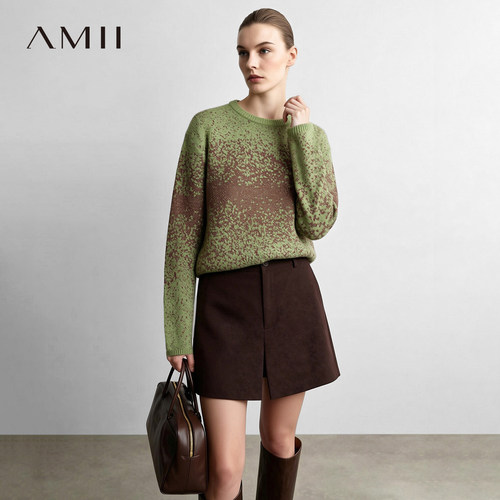 Amii2026秋新款圆领渐变撞色芝麻底针法金银丝毛衣宽松落肩袖上衣