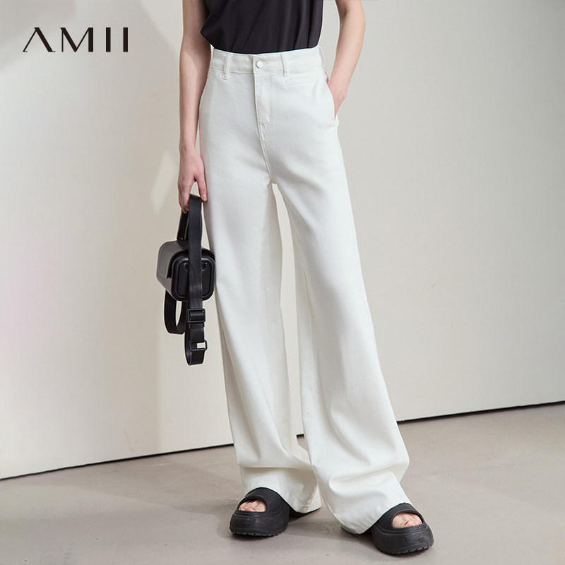 AMII【韩版休闲】2026春季韩版休闲白宽松直筒阔腿长裤牛仔裤女