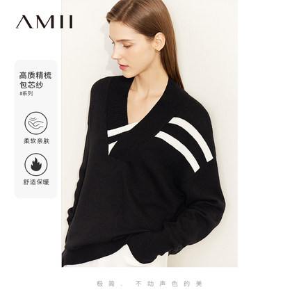 Amii2025冬新款慵懒风毛衣女设计感小众V领针织衫套头黑色上衣