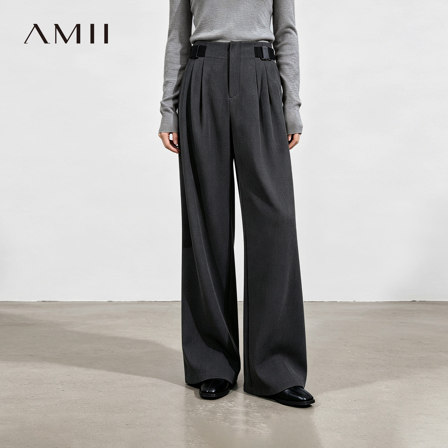 Amii2026秋新款通勤风可拆卸卡扣腰带阔腿裤休闲长裤女宽松裤子