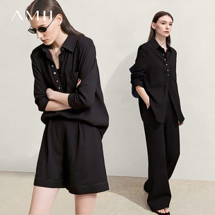 Amii度假风镂空花边拼接衬衫短裤休闲长裤套装女2026春新款三件套