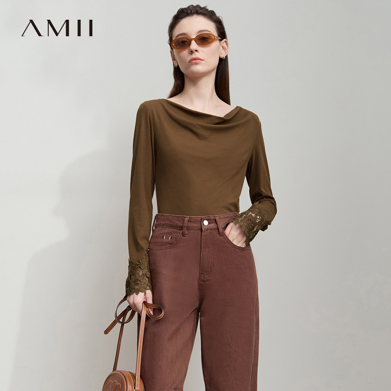 Amii2025秋新款极简纯色合体弹力荡领花边袖口棉质长袖T恤女