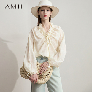 AMII【莱赛尔衬衫】法式豹纹印花领口荷叶边绑带莱赛尔衬衫衬衣