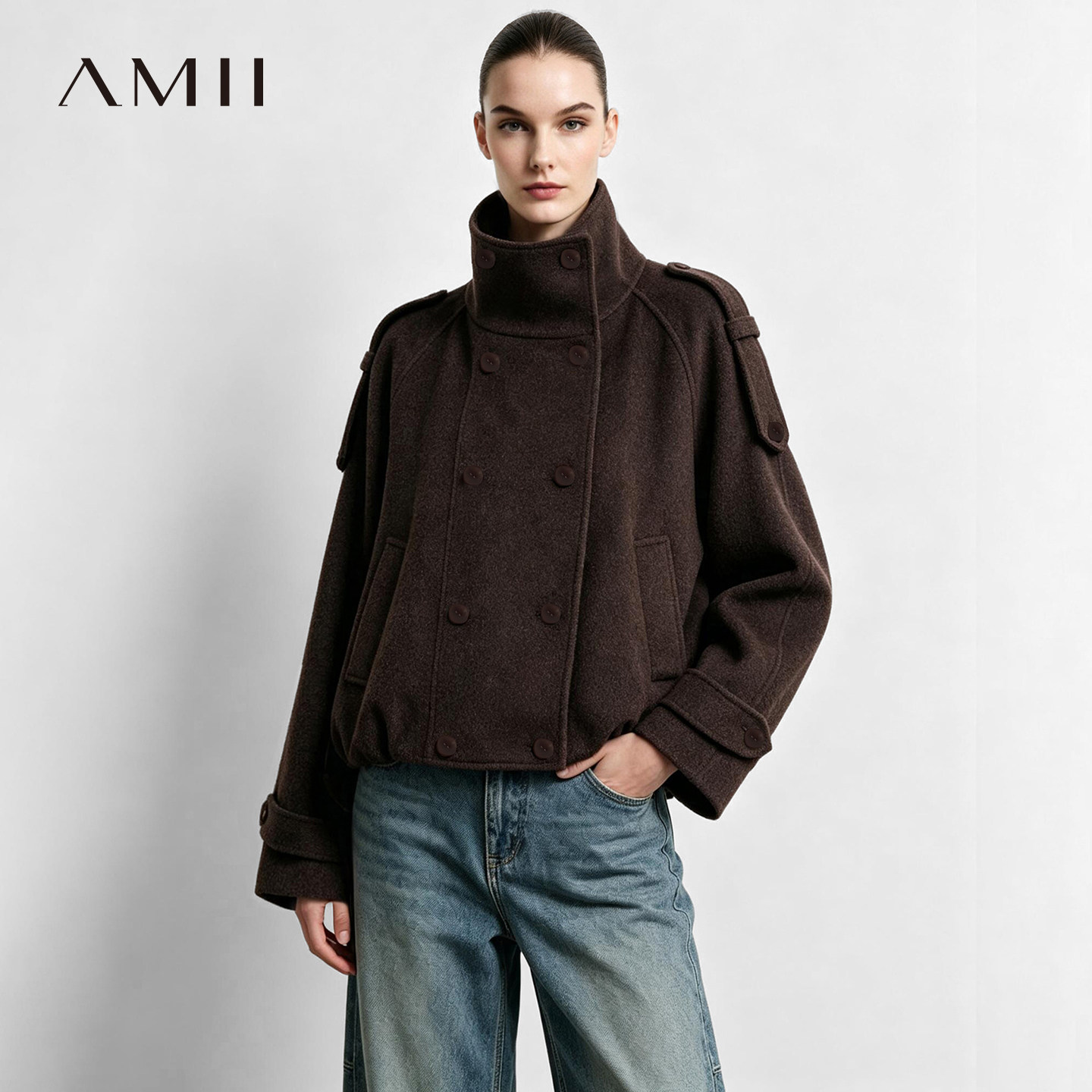 Amii2026冬新款立领插肩袖双排扣毛呢外套女宽松收褶花苞摆上衣