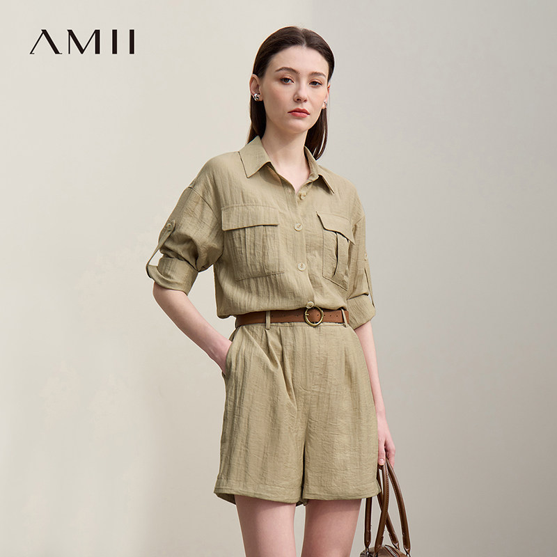 Amii2026夏新款帅气工装风翻领落肩袖亚麻皱感连体裤女宽松短裤子