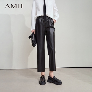 黑色裤 Amii2025秋新款 女九分裤 摩登复古显高环保PU皮裤 子 休闲裤