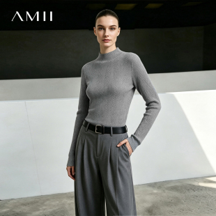 Amii2026冬新款休闲百搭半高领人字纹提花毛衣女修身显瘦内搭上衣