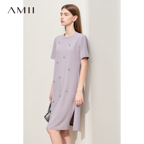 Amii2026夏新款极简圆领短袖宽松中长手工钉珠套头弹力连衣裙女