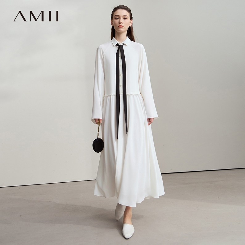Amii2026春新款可拆卸飘带翻领喇叭袖连衣裙女度假风宽松雪纺裙子