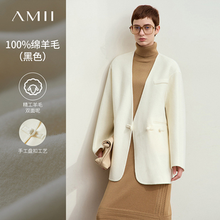 Amii新中式国风V领盘扣双面呢外套女2024冬新款宽松落肩袖呢大衣