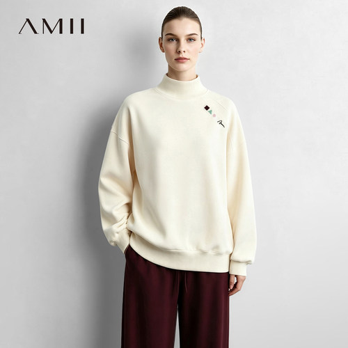 Amii2026秋新款半高领撞色几何绣花落肩袖卫衣女宽松空气层上衣