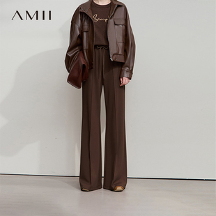 Amii2025秋新款极简学院风弹力罗马布微喇叭橡筋腰休闲长裤女款