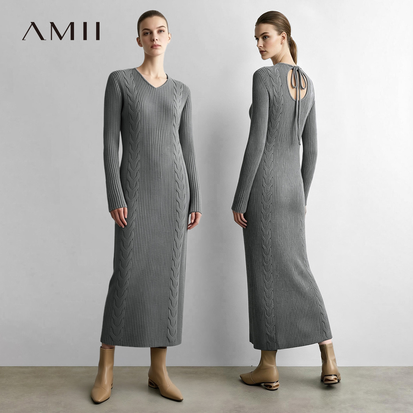 Amii2026秋新款V领绞花麻花后镂空针织裙连衣裙女H型包臀裙子