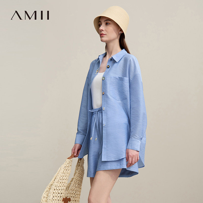 Amii2026夏新款度假风贝壳扣翻领落肩袖衬衫女超宽松衬衣彩纱上衣