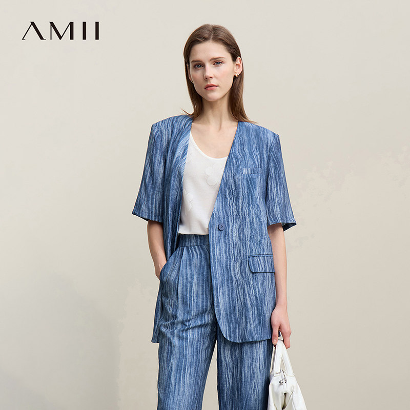 Amii2026夏新款通勤V领短袖一粒扣扎染西装女宽松垫肩西服上衣