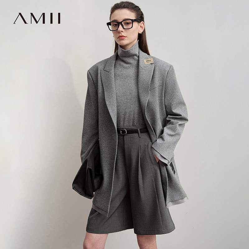 Amii2026秋新款男友风超宽松中长小落肩斜纹大廓形西装外套女