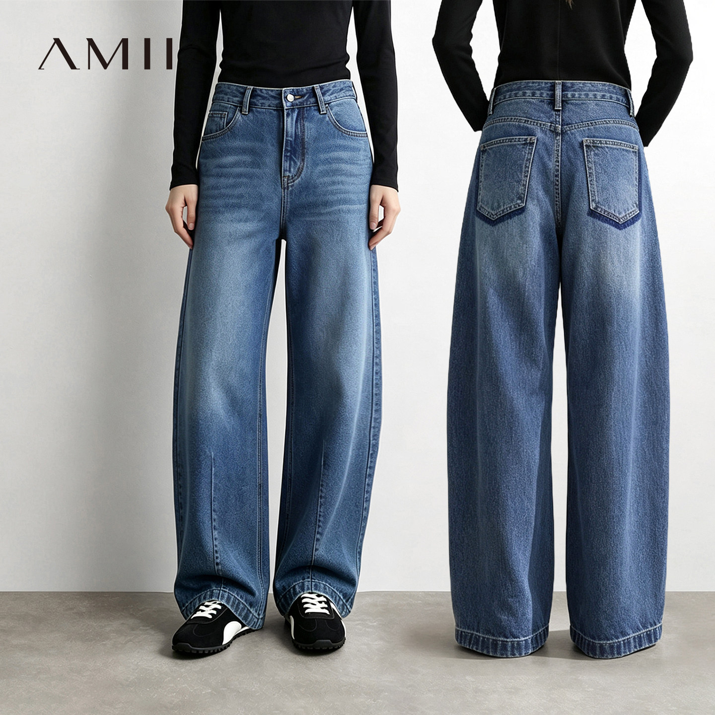 Amii2026秋新款松弛感休闲风水洗棉质牛仔长裤女宽松时尚香蕉裤