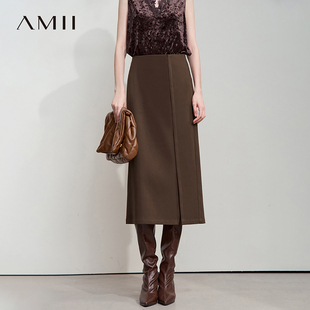 极简通勤风合体微磨毛斜纹侧开衩中长过膝半身裙 Amii2025秋新款