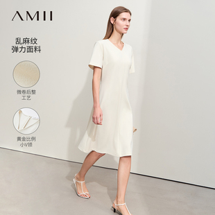 Amii2025夏新款 中长弹力连衣裙女 极简纯色V领短袖 套头修身