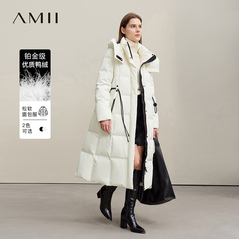 Amii2026春新款长款宽松可拆连帽高领加厚配皮腰绳白鸭绒羽绒服