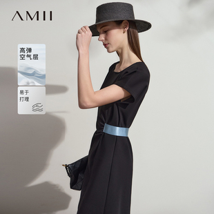 Amii通勤弹力空气层连衣裙女夏季 收腰职业中长裙 2025新款 圆领修身