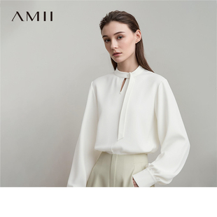 Amii2026春新款百搭通勤水滴镂空立领多造型领带衬衫女宽松上衣