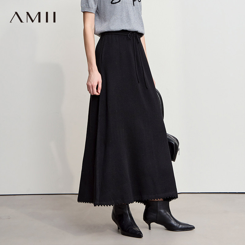 Amii【含绵羊毛】2026春韩版休闲含绵羊毛针织A字女裙秋季半长裙