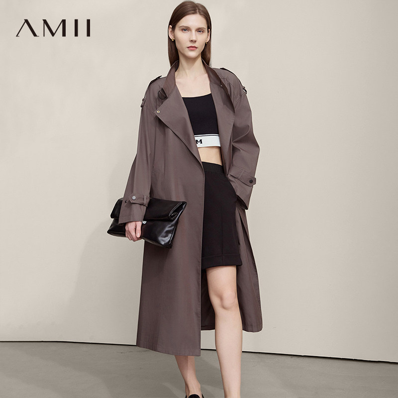 AMII【极简英伦风】2025秋极简通勤英伦风长款风衣女上衣外套