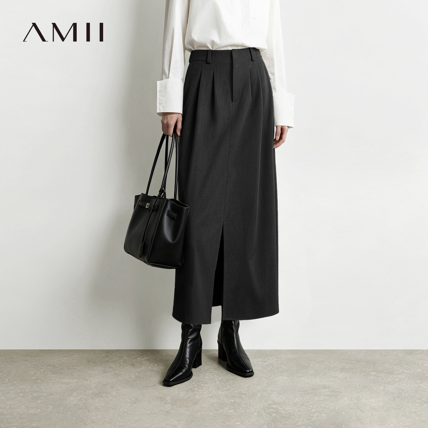 Amii2026冬新款干练通勤风收褶宽松直筒裙前开叉半身裙女长裙子
