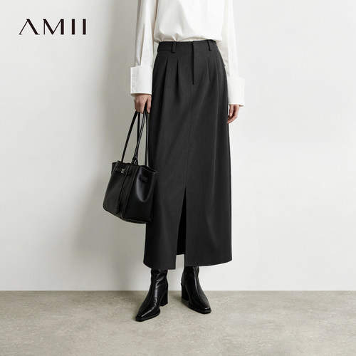 Amii2026冬新款干练通勤风收褶宽松直筒裙前开叉半身裙女长裙子